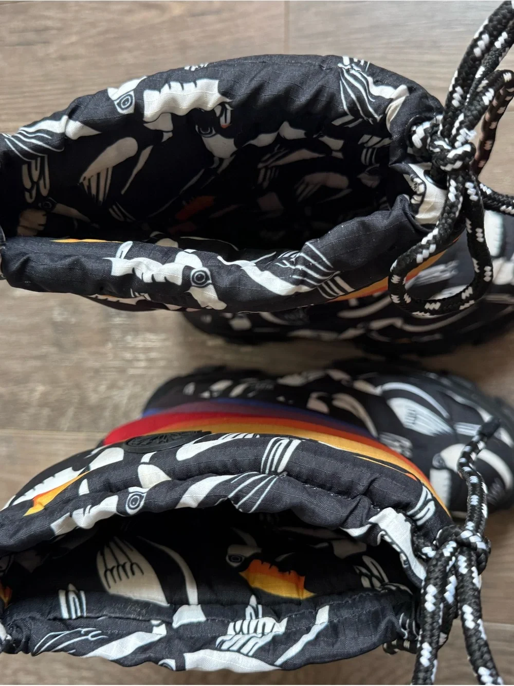 FARM Rio Graphic Toucans Puffy Tall Winter Boots Women 7 Rainbow Quilted NWOT